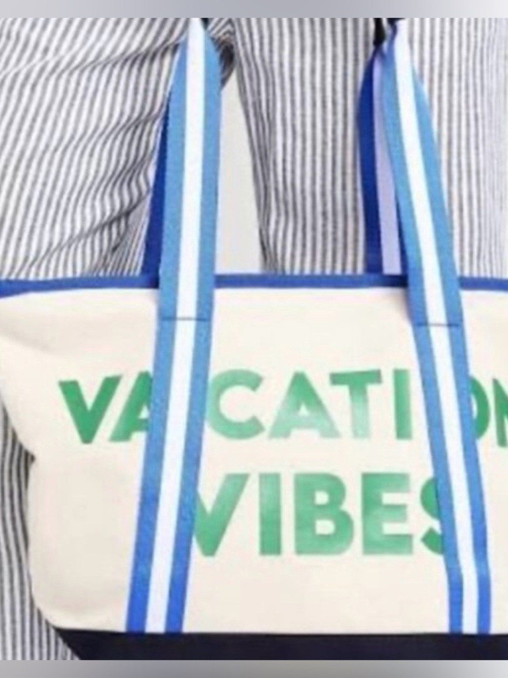 NWT Old Navy Canvas 'Vacation Vibes' Tote Bag in Cream and Blue - Picture 2 of 3
